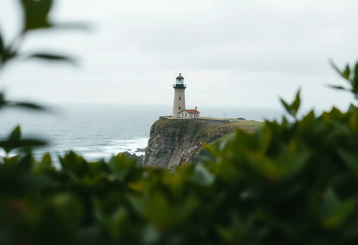 An isolated lighthouse perched on a cliff, captured under soft, overcast skies that lend a tranquil mood to the scene. The use of a macro lens reveals the intricate textures of the lighthouse's stone against the crashing ocean waves below. The composition employs lush greenery in the foreground to frame the scene, leading the viewer's eye towards the structure and its dramatic surroundings. Natural muted tones enhance the image's peaceful quality, inviting contemplation of this coastal haven.