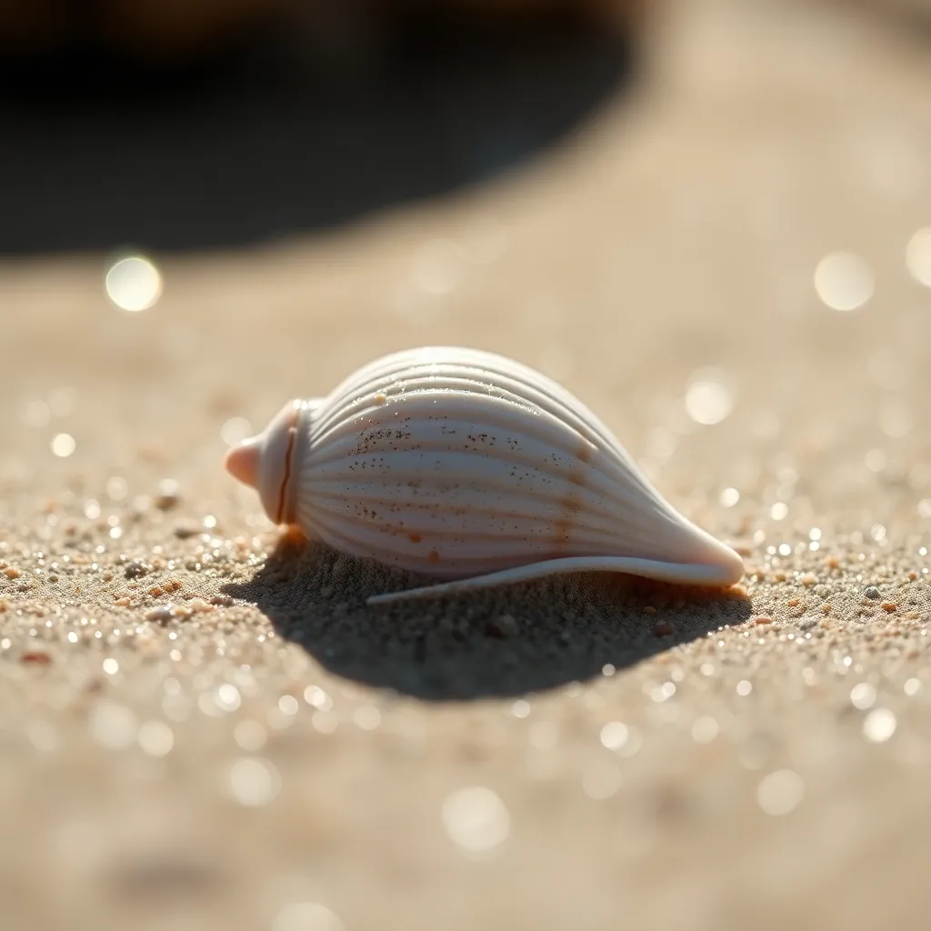 This intimate close-up image presents a delicate seashell resting gracefully on glistening wet sand. Captured in natural diffused daylight, the intricate textures of the shell stand out against the soft background blur, creating a tranquil atmosphere. Morning dew droplets add a touch of freshness, enhancing the seashell's beauty. This photograph transports viewers to a serene coastal environment, inviting contemplation and appreciation of nature's artistry.