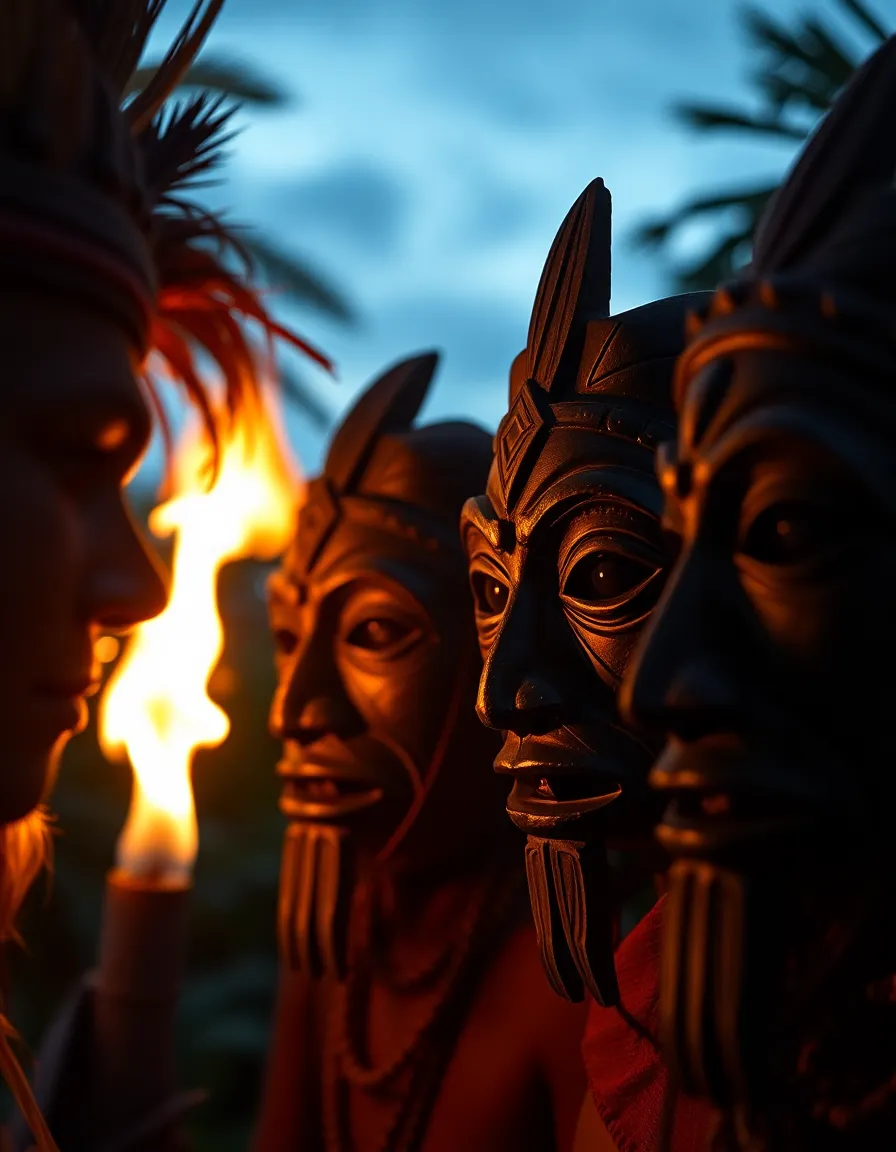 This evocative image features tribal masks illuminated by the warm glow of firelight. The intricate details and textures of each mask are captured with precision, showcasing their artistry and cultural significance. The evening sky and lush foliage create a rich backdrop that enhances the atmosphere of island tradition and mystery. This composition invites viewers to reflect on the beauty of cultural heritage within a tropical setting.