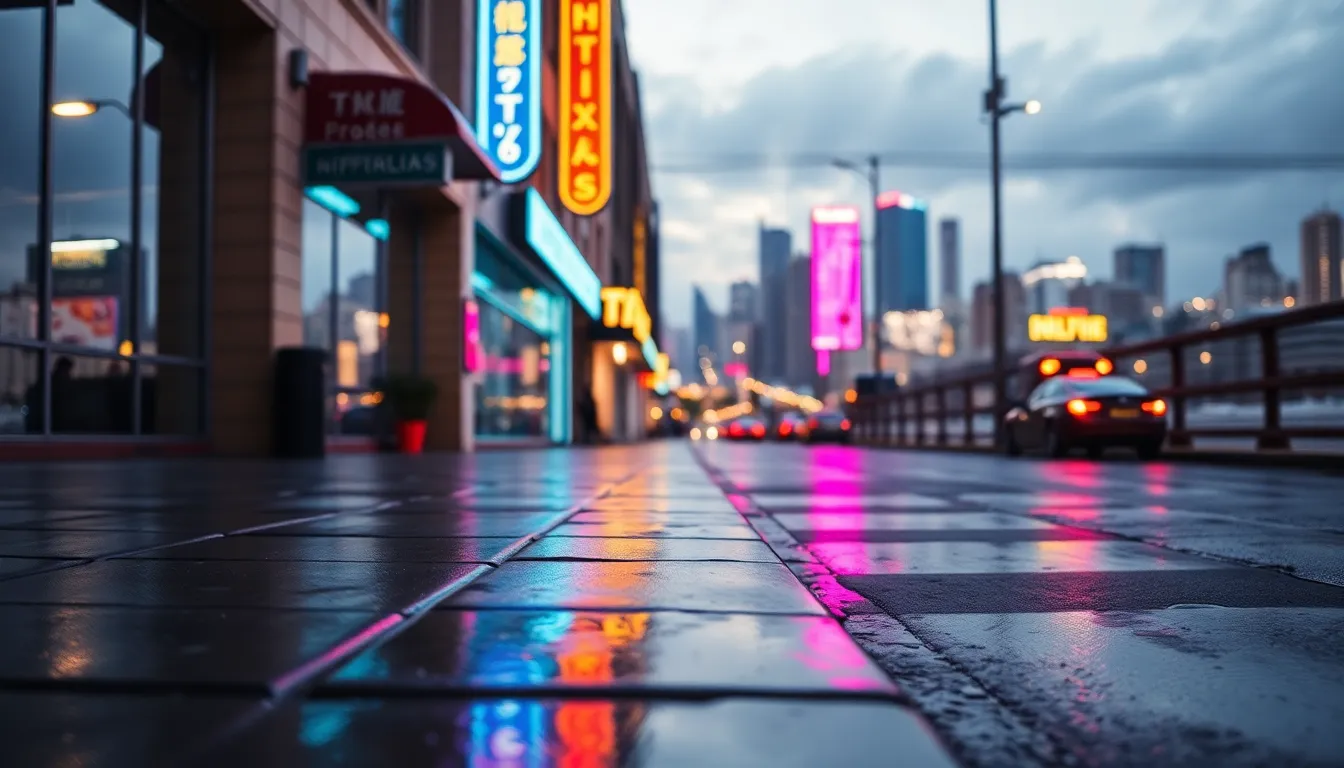 A vibrant cityscape featuring neon signage reflecting on wet pavement, creating a striking contrast with the natural world of surrounding islands. Captured at a dynamic angle, the image conveys energy and movement, while the colors dance between blue and magenta. The scene encapsulates the lively atmosphere of island nightlife, inviting viewers to appreciate the beauty of urban and natural environments coexisting.