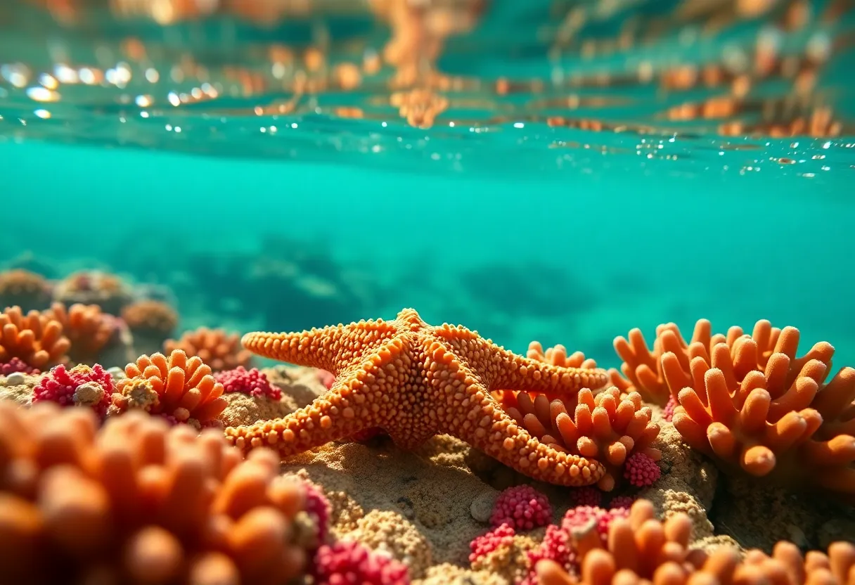 An extraordinary close-up of a starfish on a vibrant coral reef, captured in mesmerizing detail. The pristine waters and intricate coral create a colorful backdrop, while the natural light highlights the textures of both the starfish and the surrounding environment. This underwater scene invites viewers into the enchanting world of marine life, showcasing the beauty of the ocean.