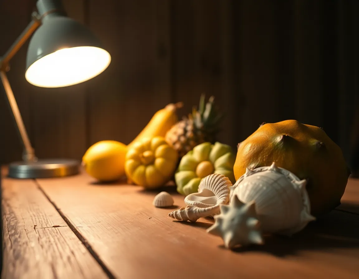 This exquisite still life features an arrangement of vibrant tropical fruits and seashells displayed on a rustic wooden table, beautifully illuminated by warm tungsten light. The shallow depth of field draws attention to the intricate textures of the fruits and shells, while soft bokeh creates a serene atmosphere. The composition employs leading lines to guide the viewer's eye through the scene, showcasing the earthy colors and natural beauty of each element. This image embodies a relaxed tropical vibe perfect for travel enthusiasts.