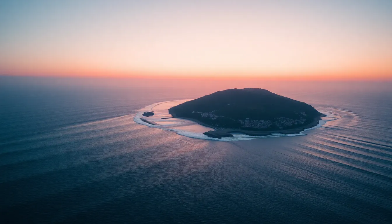 An enchanting aerial perspective of an island at sunrise, showcasing the breathtaking beauty of the coastline. The soft pastel colors of dawn create a calming ambiance, reflecting off the gentle waves lapping against the shore. This serene scene captures the essence of island life, inviting viewers to experience the tranquility and stunning natural beauty.