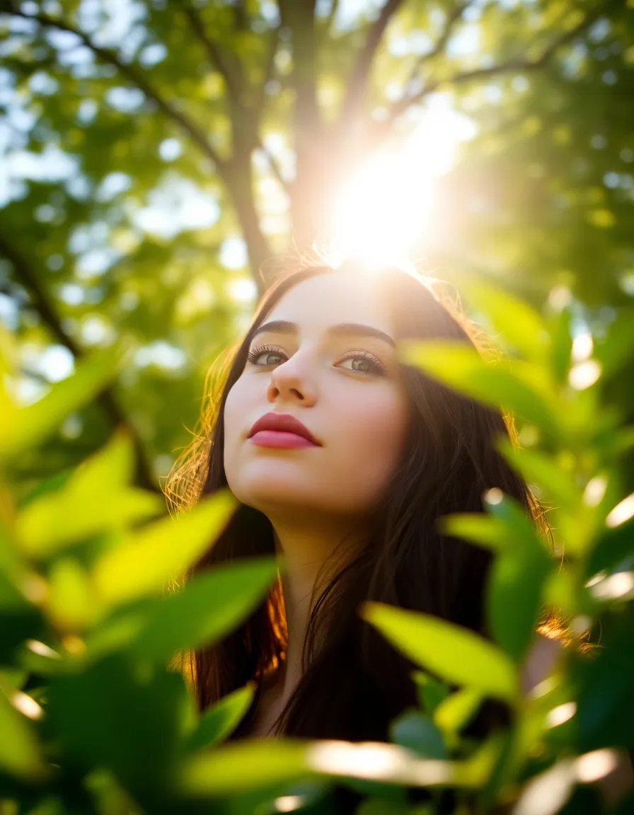 An adventurer stands beneath a lush canopy, surrounded by vibrant island foliage. Dappled sunlight filters through the leaves, casting a soft glow on the subject's face, enhancing the warm, inviting atmosphere. The composition beautifully frames the explorer, immersing the viewer in a tropical wilderness, while the creamy bokeh adds a dreamlike quality to the scene.