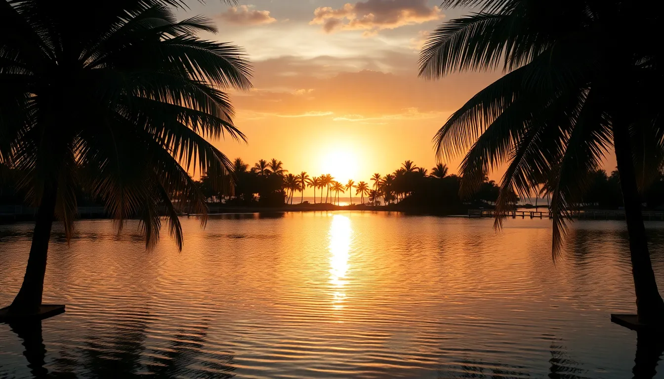 This beautiful photograph captures a serene sunset over a peaceful lagoon framed by lush palm trees. Warm golden light bathes the scene, reflecting vibrant hues of orange and pink across the calm waters. The hyperfocal shooting technique retains sharpness from the foreground to the horizon, inviting viewers to immerse themselves in the tranquility of the moment. This image epitomizes the calming essence of island sunsets.