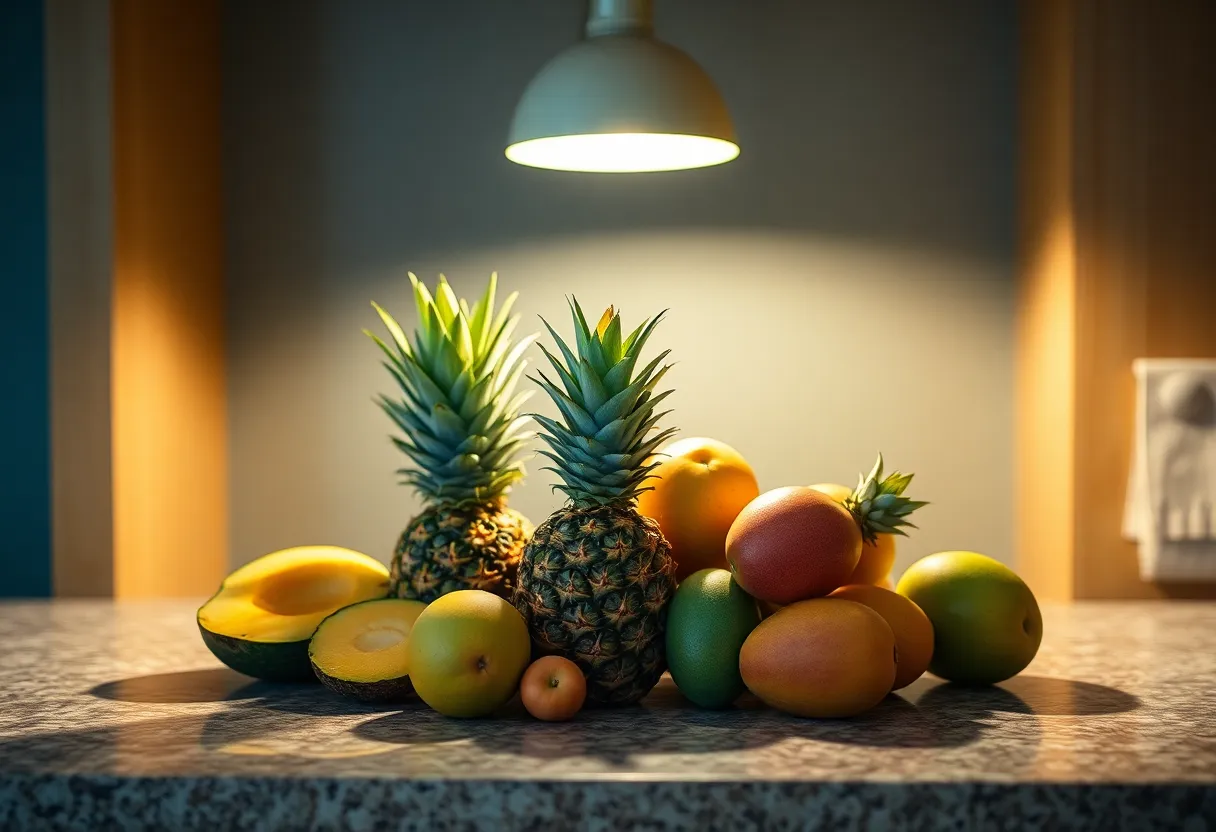 This vibrant image features a stunning display of tropical fruits, artfully arranged on a textured stone countertop. The warm light from a tungsten lamp bathes the fruits in a rich glow, enhancing their natural colors. The use of selective focus accentuates the juicy textures and vibrant details of the pineapples and mangos. This visually appealing composition captures the essence of tropical abundance and freshness.