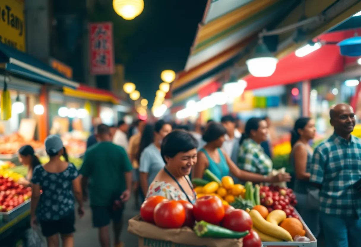 Experience the vibrant atmosphere of an island market in this vivid image capturing locals engaged in trade. The warm light from overhead lamps enhances the rich colors of fresh fruits and vegetables, adding to the bustling energy of the scene. The smiling vendor in sharp focus contrasts against the vibrant yet blurred background, immersing viewers in the market's lively dynamics. This photograph encapsulates the essence of island life and community spirit.