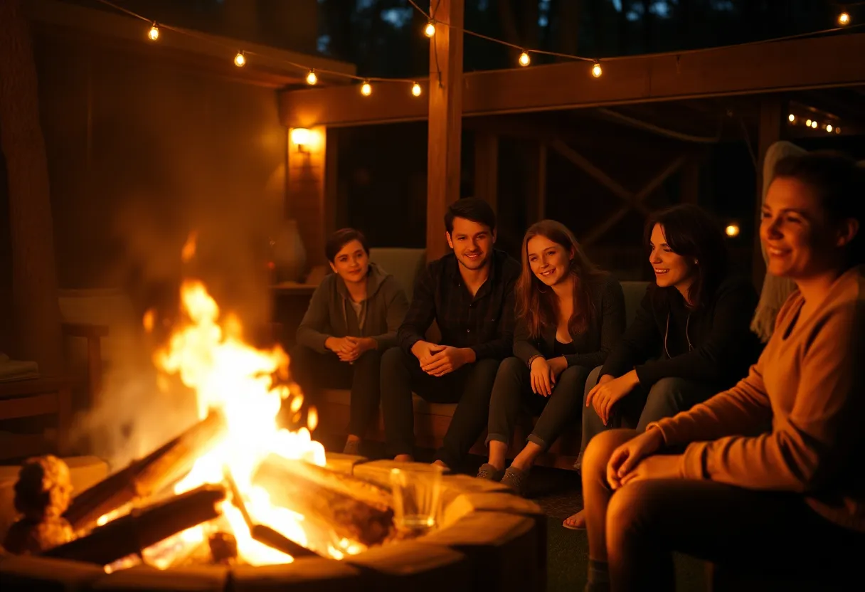 This heartwarming image captures a lively gathering of friends around a bonfire on a serene island evening. The warm tungsten light from the fire creates a cozy atmosphere, casting flickering shadows that dance across their faces. With a shallow depth of field, the focus remains on the friends, showcasing their expressions and the textures of their clothing against the soft, blurred background. The Kodak Portra 400 color palette enhances the warmth of the skin tones and highlights, celebrating the joy of friendship in a picturesque setting.