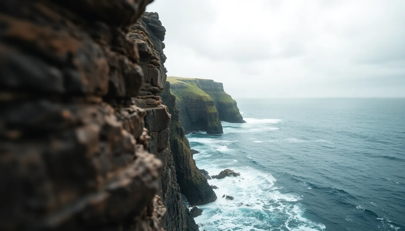 A dramatic view of rugged cliffs on a remote island, captured on a cloudy day. The diffused daylight softens the scene, while muted earth tones emphasize the island's natural beauty. The sharp focus on the cliffs combined with the leading lines of the rock formations draws the viewer's eye towards the turbulent ocean below. Detailed textures of the rocky surfaces contrast with the frothy waves that crash against them, creating a sense of power and serenity in nature.
