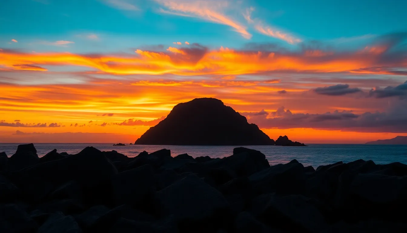 Witness a breathtaking sunset as vibrant hues paint the sky above a rugged island silhouette. The image captures the dramatic contrast between the warm orange tones and the deep purple sky, creating a stunning visual experience. The sharp details of the foreground rocks and enchanting cloud formations convey the beauty and power of nature. This photograph invites viewers to immerse themselves in the tranquil yet awe-inspiring atmosphere of a sunset by the sea.