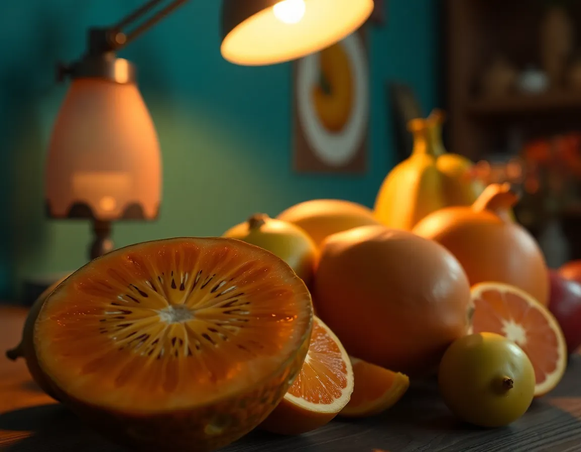 A vibrant composition featuring an assortment of exotic tropical fruits arranged artfully on a rustic wooden table. The warm lighting casts a cozy glow on the fruits, highlighting their rich colors and textures. With cinematic color grading, the image emphasizes the lushness and variety of the fruits, making it a perfect representation of tropical abundance and culinary delight.