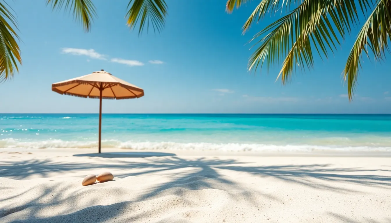 Experience the tranquility of a secluded tropical beach, highlighted by a colorful beach umbrella. The image captures the vibrant turquoise waters lapping against the soft, white sand, with dappled light filtering through overhead palm trees. Natural sunlight and vivid colors evoke a serene paradise atmosphere. This picturesque scene invites viewers to imagine a day of relaxation under the sun.
