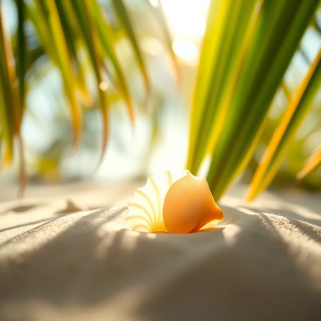 This macro shot reveals the beauty of a delicate seashell nestled in fine sand, illuminated by gentle early morning sunlight. Dappled light creates a magical ambiance, enhancing the colors and textures of the shell and sand. The symmetry of the composition draws the viewer's eye directly to the seashell, making it the focal point. Ideal for showcasing the natural wonders found on island beaches.