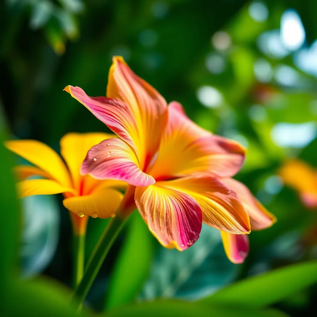 Discover the beauty of tropical flora with a close-up shot of vibrant flowers capturing the essence of an island paradise. Soft, diffused daylight illuminates the petals, bringing out the rich colors and intricate details, including glistening dew drops. This intimate glimpse into the island's natural beauty invites viewers to appreciate the stunning diversity of life found in such tropical settings.