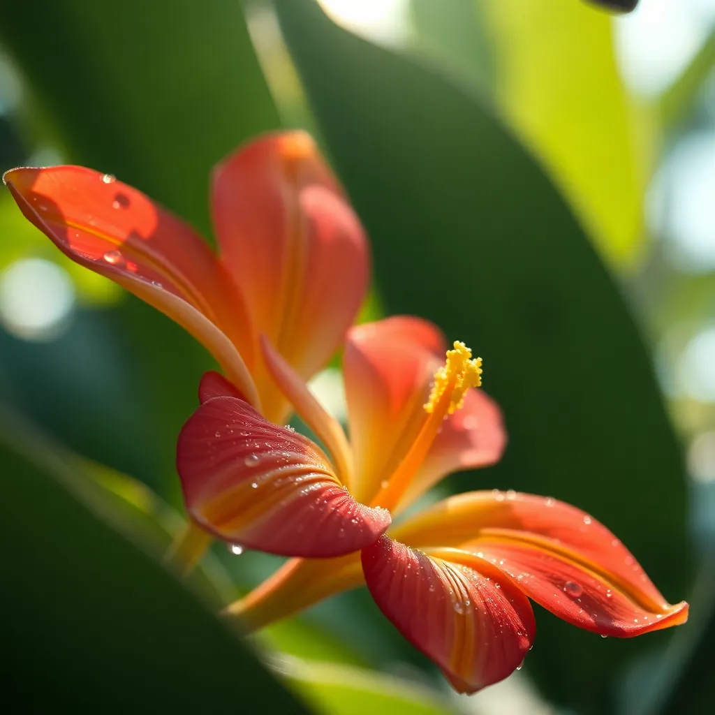 This exquisite close-up captures the intricate details of a tropical flower, showcasing its vibrant colors and delicate petals glistening with morning dew. Soft diffused daylight enhances the texture and depth of the flower, while a shallow depth of field creates a beautiful painterly effect in the background. The symmetrical composition invites viewers to appreciate the flower's natural beauty, making it a perfect fit for botanical and travel-themed projects.
