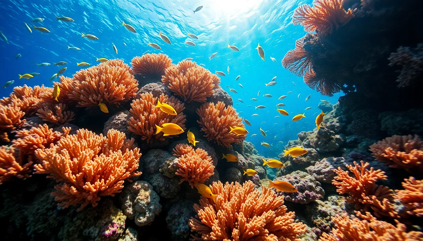 This stunning underwater photograph showcases the vibrant life of a coral reef. Brightly colored fish dart among intricate corals, creating a lively and dynamic scene. The rich colors and textures are accentuated by the midday sun filtering through the water, resulting in a truly immersive experience. The composition invites viewers to explore the depths of this underwater paradise, capturing the beauty and fragility of marine ecosystems.