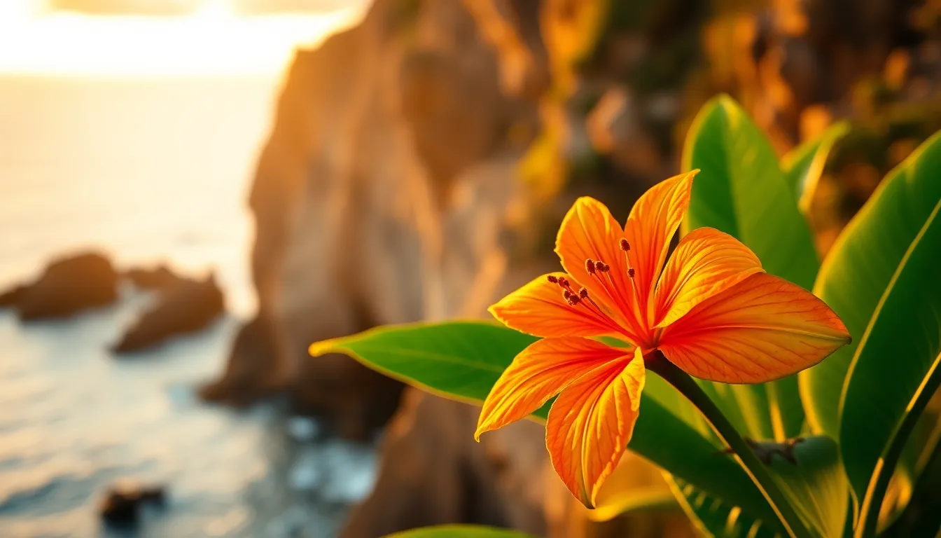 This stunning image captures a vibrant tropical flower, highlighted by the warm golden hour light. Beneath rocky cliffs, the ocean sparkles in the background, creating a dramatic contrast. The details of the flower's petals are vivid, showcasing texture and dew droplets, while the blurred ocean provides a serene backdrop. This photograph symbolizes paradise and tranquility, making it ideal for travel-themed content.