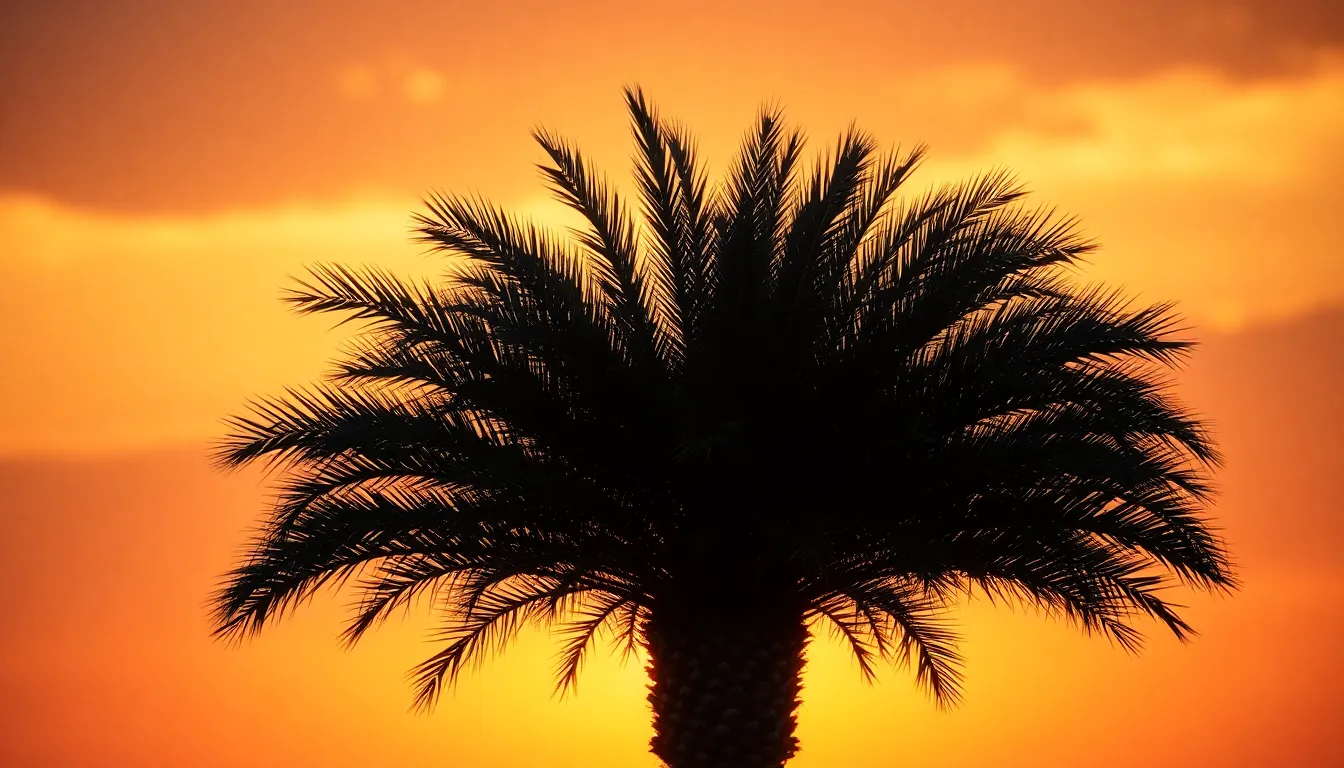 This stunning image captures a solitary palm tree silhouetted against a breathtaking sunset on a secluded island. The warm hues of orange and pink in the sky contrast beautifully with the natural textures of the palm's bark and fronds. The soft fill light enhances the serene atmosphere, creating an inviting and tranquil mood. The shot is perfectly composed to draw the viewer's eye towards the majestic tree as the sun dips below the horizon.