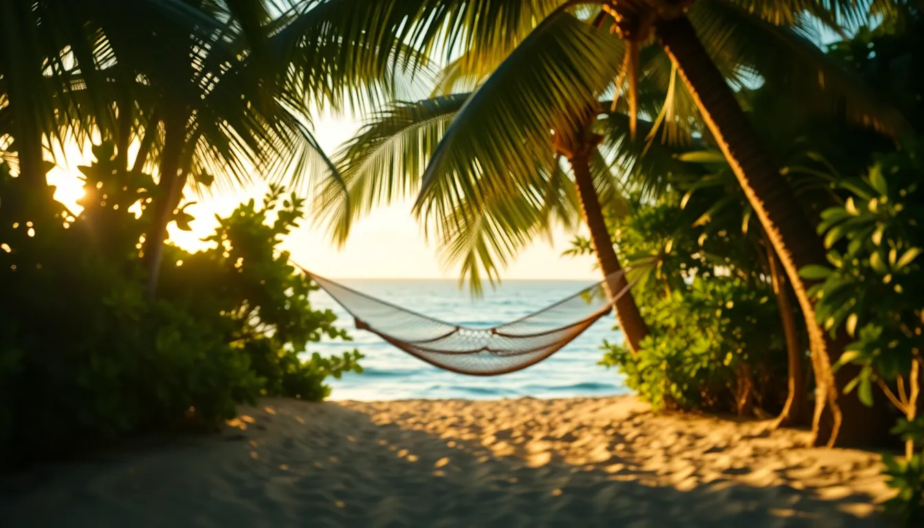 This image captures a serene tropical island at sunset, featuring a hammock strung between two palm trees. The golden hour backlighting enhances the lush greenery and creates a warm, inviting mood. Lush foliage and soft ocean waves create a vibrant backdrop, with a sandy path leading the viewer's eye through the composition. The contrasting textures of the sand and palm leaves add depth, making it a perfect representation of a tranquil vacation spot.