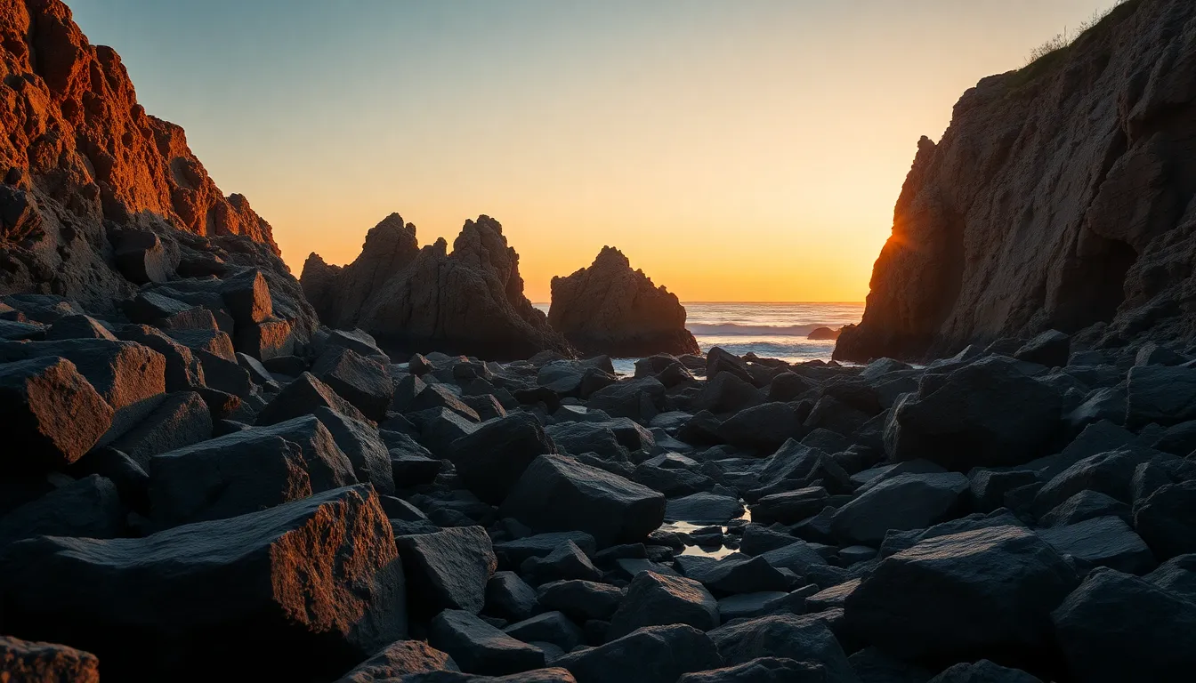 This captivating image features a secluded rocky beach illuminated by the warm glow of sunset. Dramatic cliffs frame the scene, while the ocean reflects stunning peach and orange shades. The photograph’s detailed textures of the rugged rocks are beautifully contrasted against the smooth waters, creating a sense of tranquility and isolation. This picturesque moment encapsulates the raw beauty of nature found on remote islands.