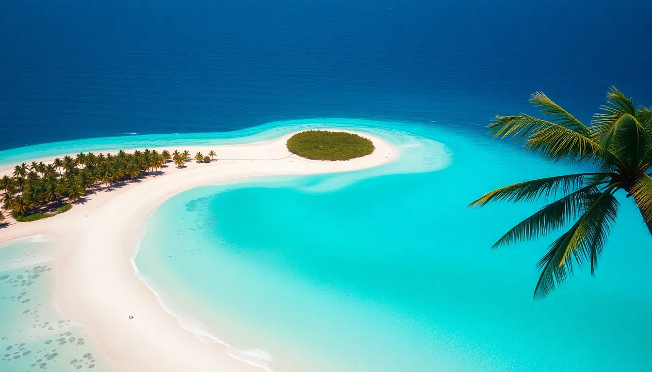 An aerial view captures the breathtaking beauty of a tropical island, highlighting its pristine white sandy beaches and vibrant palm trees. Bathed in bright midday sunlight, the turquoise waters contrast sharply with the lush greens of the island. The hyperfocal depth of field ensures every detail is sharp, drawing the viewer into this serene paradise. Ideal for travel promotions and tropical vacation themes.