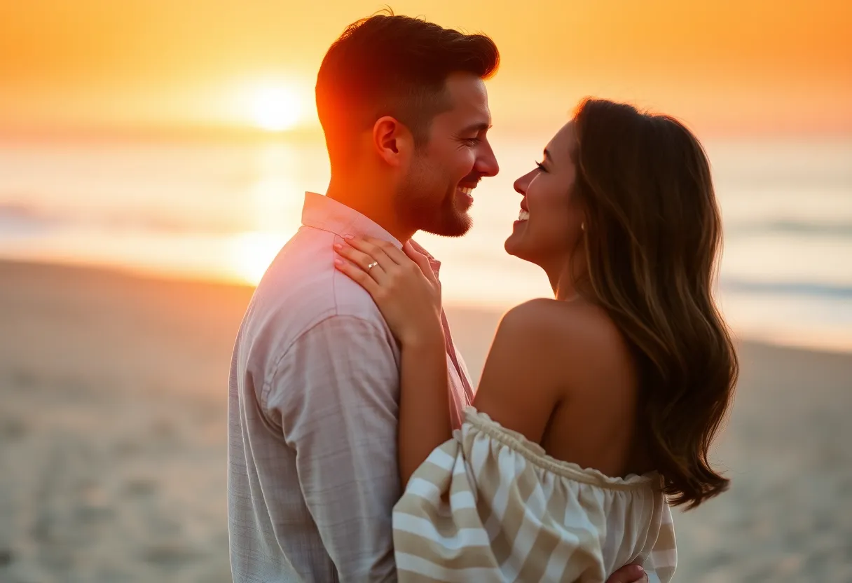 An intimate moment captured during golden hour, featuring a couple embracing on the beach with a breathtaking sunset as their backdrop. The warm rim light creates a romantic atmosphere, while cinematic teal and orange hues enhance the scene’s emotional depth. The couple, dressed in casual linen and cotton fabrics, are positioned beautifully within the frame, emphasizing their connection against the vibrant colors of the sky and ocean. This image evokes feelings of love and tranquility.