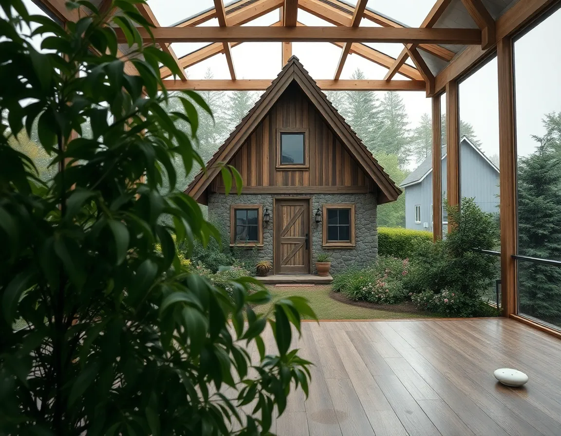 This image depicts a charming island cottage nestled in lush greenery, illuminated by soft, diffused daylight. The natural materials of the cottage blend harmoniously with the surroundings, while the light rain adds a fresh ambiance. The image’s sharp focus from the foreground to the background emphasizes the tranquility of island life. This peaceful setting is perfect for capturing the essence of a serene getaway.