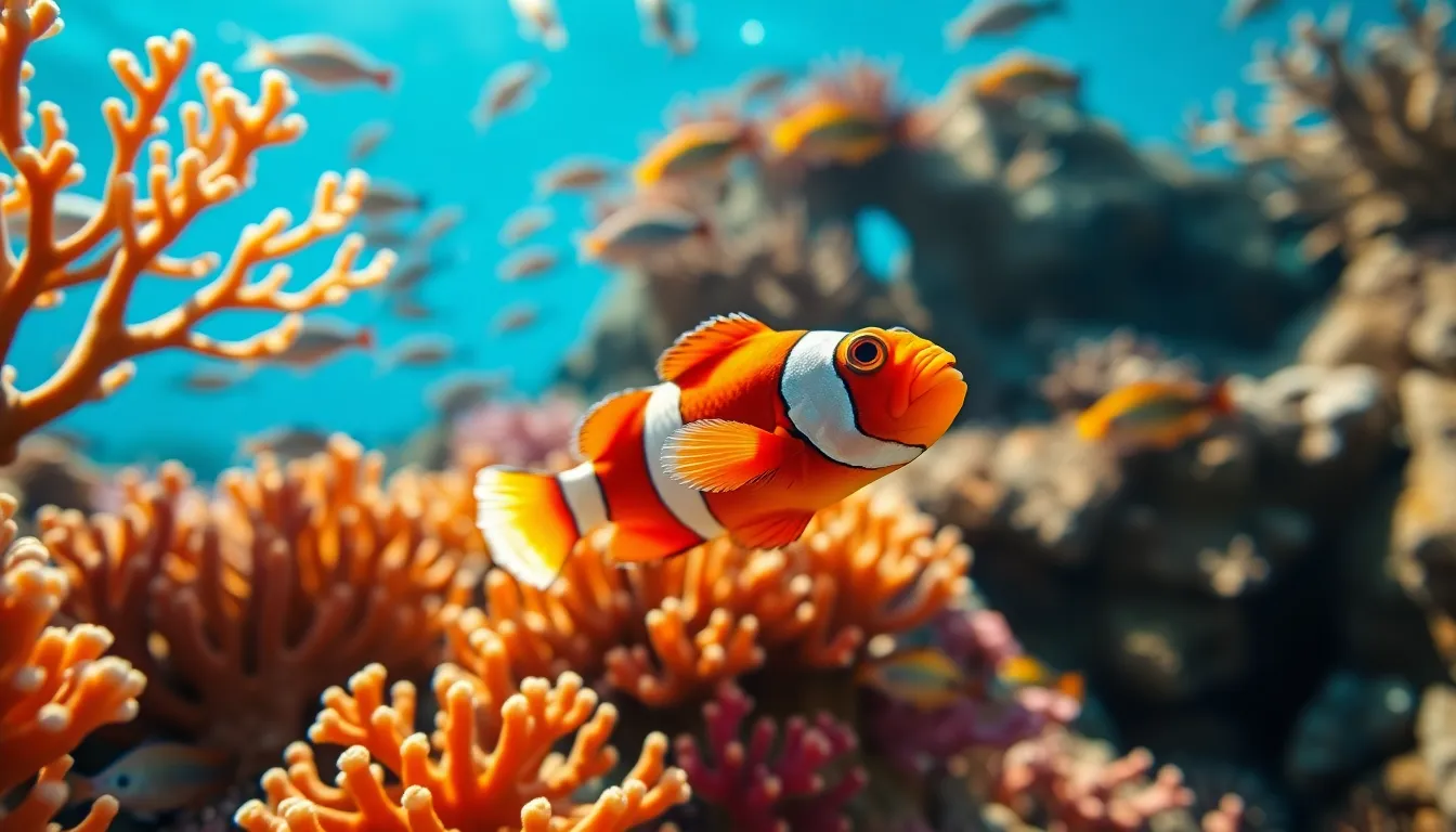 Dive into the vibrant underwater world with this striking image of a clownfish nestled among a colorful coral reef. Bathed in natural light, the scene showcases a variety of marine life with intricate details, presenting a lively underwater dance. The depth of field creates a soft backdrop, focusing on the clownfish and enhancing the rich colors of the reef. This image embodies the beauty of ocean ecosystems and invites viewers to explore the wonders beneath the waves.