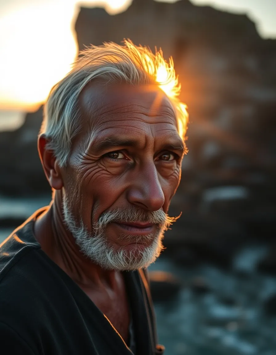 Fisherman Portrait at Sunset on Coastal Island In this captivating portrait, a local fisherman stands proudly against the backdrop of a rugged coastal island at sunset. The warm sunlight caresses his features, emphasizing the natural textures of his sun-kissed skin and rugged clothing. Soft bokeh in the background creates a dreamy effect, drawing focus to him amidst the serene coastal landscape. The rich colors of the scene are reminiscent of Fujifilm Velvia, adding depth and warmth to the overall composition, capturing the spirit of island life.