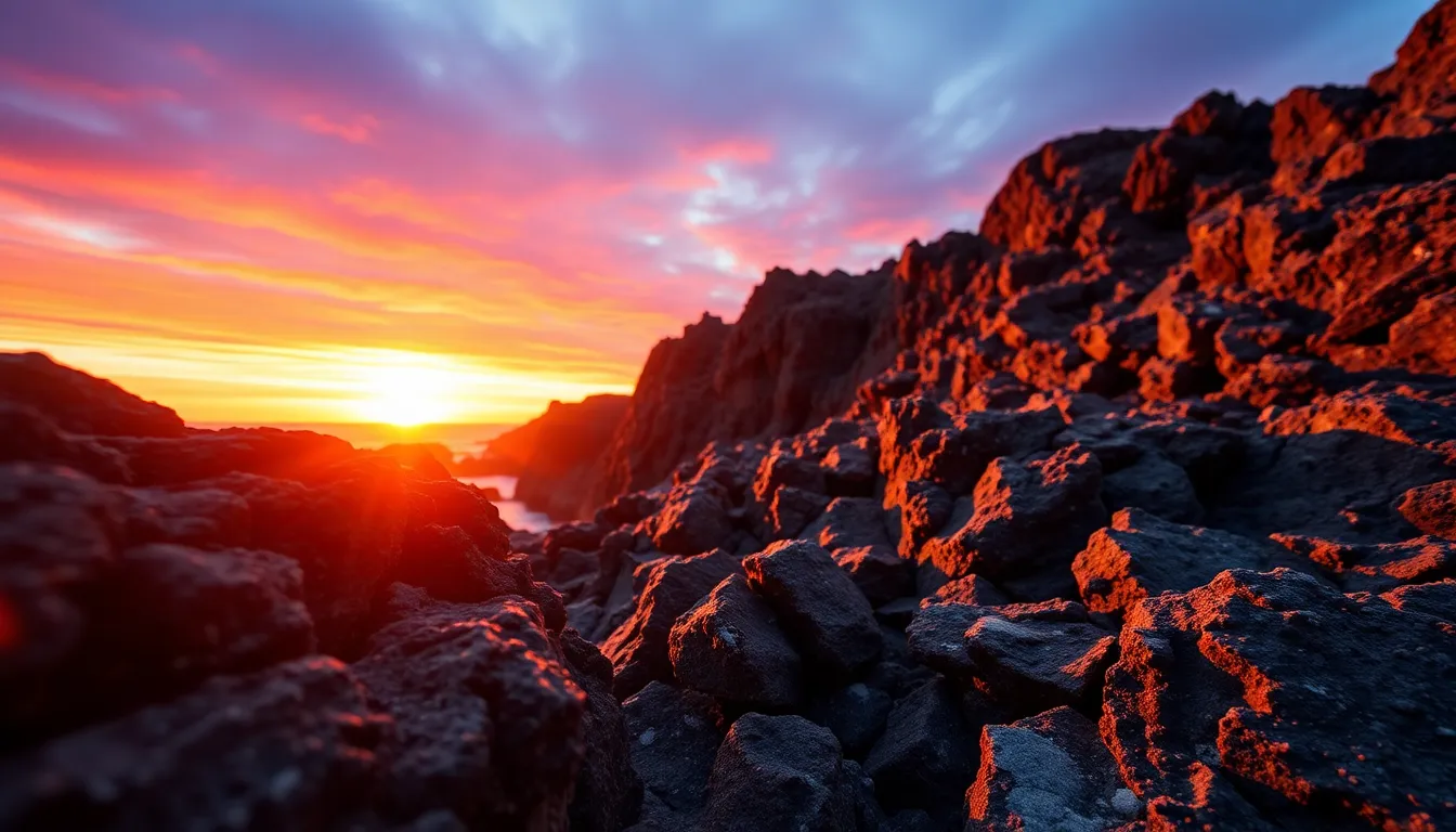 Dramatic Rocky Coastline at Sunset This powerful image showcases the rugged beauty of a rocky coastline on a remote island just as the sun sets. Vivid oranges and deep purples paint the sky, while natural light highlights the rocky textures with intricate details. The leading lines of the rocks draw the eye toward the horizon, creating a sense of movement and anticipation. Perfectly blended colors evoke a cinematic feel, inviting viewers to experience the untouched beauty of this coastal paradise.