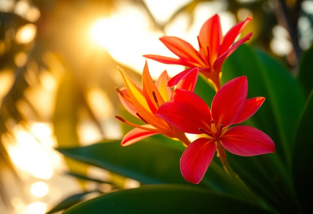 Close-Up of Exotic Tropical Flowers at Sunset This mesmerizing close-up captures the intricate beauty of exotic tropical flowers found on a remote island, bathed in the warm glow of golden hour. The soft sunlight highlights the fine details of the petals, while a gentle fill light adds depth to the composition. With a beautifully blurred background, the image emphasizes vibrant hues of pink and orange against rich greens, creating a lush tropical atmosphere. The centered symmetrical composition draws the viewer in, allowing them to appreciate the floral artistry of nature.