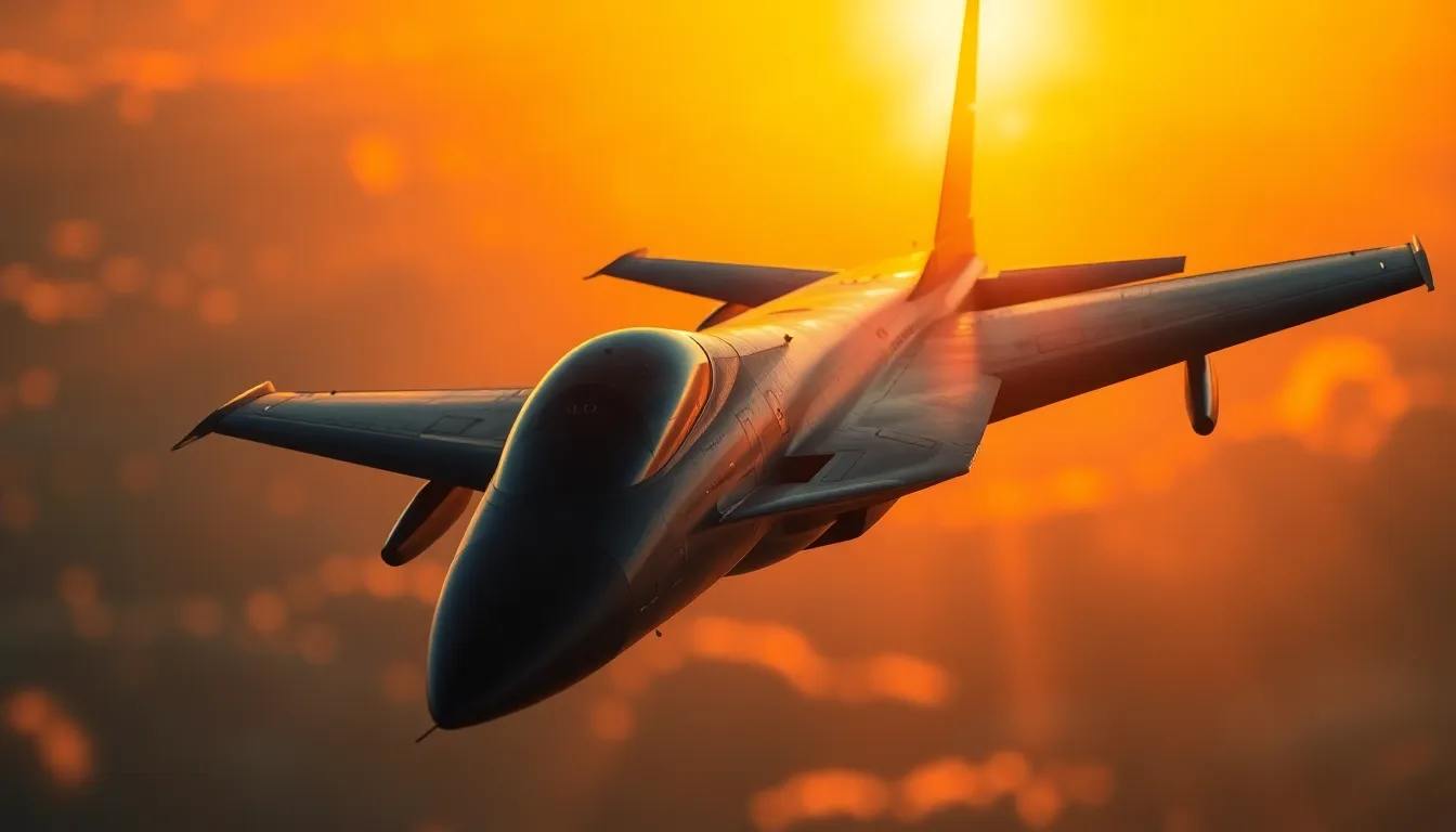 Military Jet Soaring Through Sunset Sky