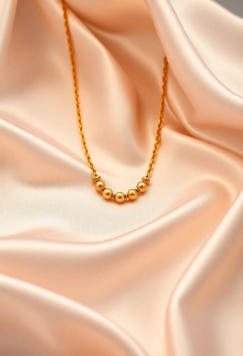 A stunning gold necklace is beautifully showcased against a soft white satin backdrop, emphasizing its luxurious design and craftsmanship. The refined lighting highlights the warm tones of the gold, creating an inviting glow. The smooth surface of the satin complements the necklace, enhancing its elegance and sophistication. This image captures the perfect balance between luxury and simplicity.
