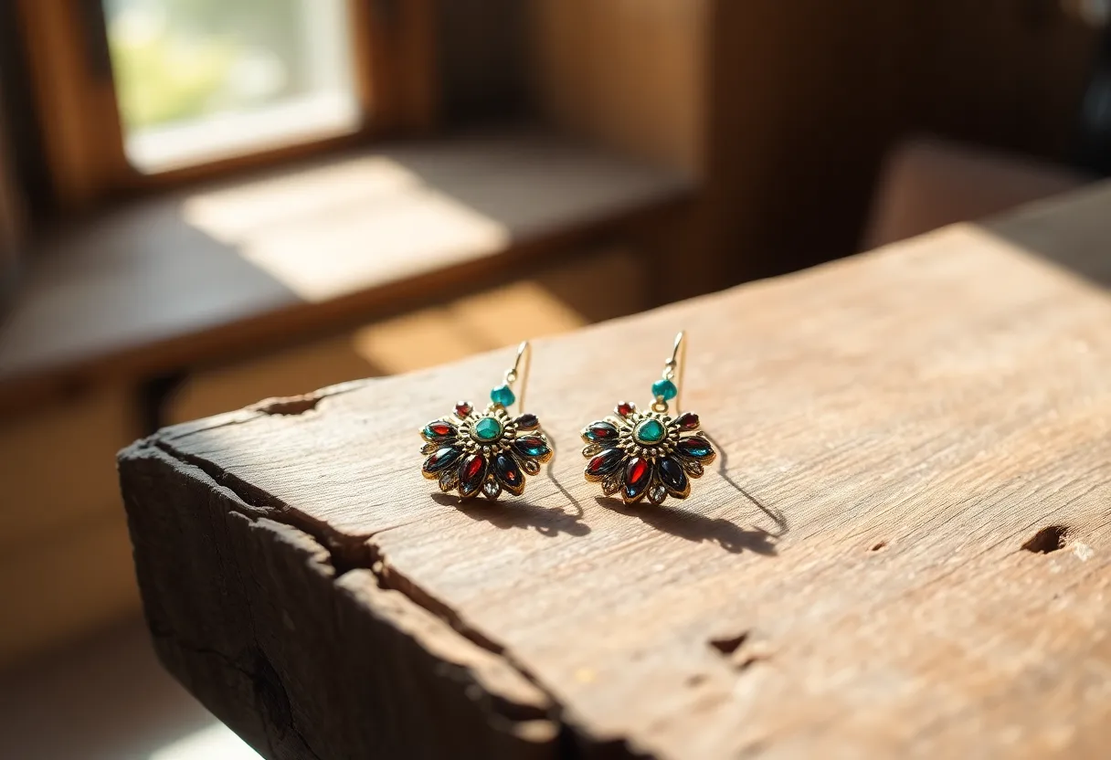A pair of intricate handcrafted earrings is artfully displayed on a rustic wooden table, showcasing their unique design and vibrant gemstone colors. The soft natural light enhances the polished surfaces while creating gentle reflections. The earthy tones of the wood provide a warm backdrop, emphasizing the beauty of the jewelry. This image encapsulates artisanal craftsmanship, inviting admiration for its exquisite details.