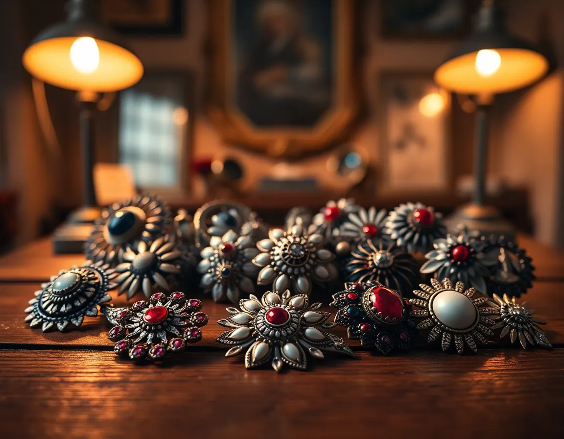 An artistic display of vintage brooches is arranged on a weathered wooden table, capturing the elegance and intricate artistry of each piece. The warm light from tungsten lamps casts soft shadows, enhancing the details and textures of the brooches, with rich tones and subtle glimmers. This composition emphasizes the nostalgia and beauty of vintage jewelry, inviting the viewer to appreciate craftsmanship.