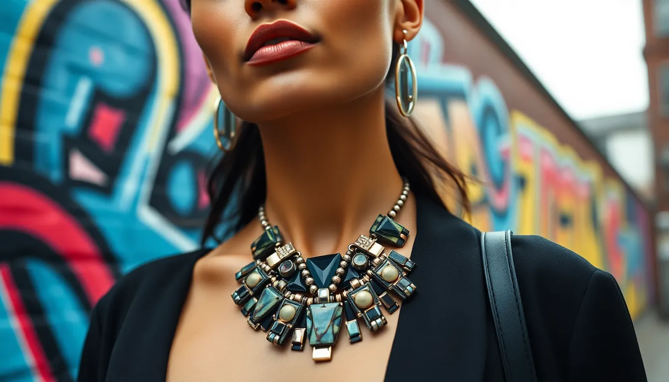 This dynamic image showcases a fashionable woman adorned with a striking statement necklace crafted from resin and metal, set against an eye-catching street art mural. The overcast daylight adds vibrancy to both the jewelry and the backdrop, creating a harmonious fusion of fashion and urban culture. The centered composition allows the necklace to take the spotlight, making a bold statement in the world of fashion jewelry.