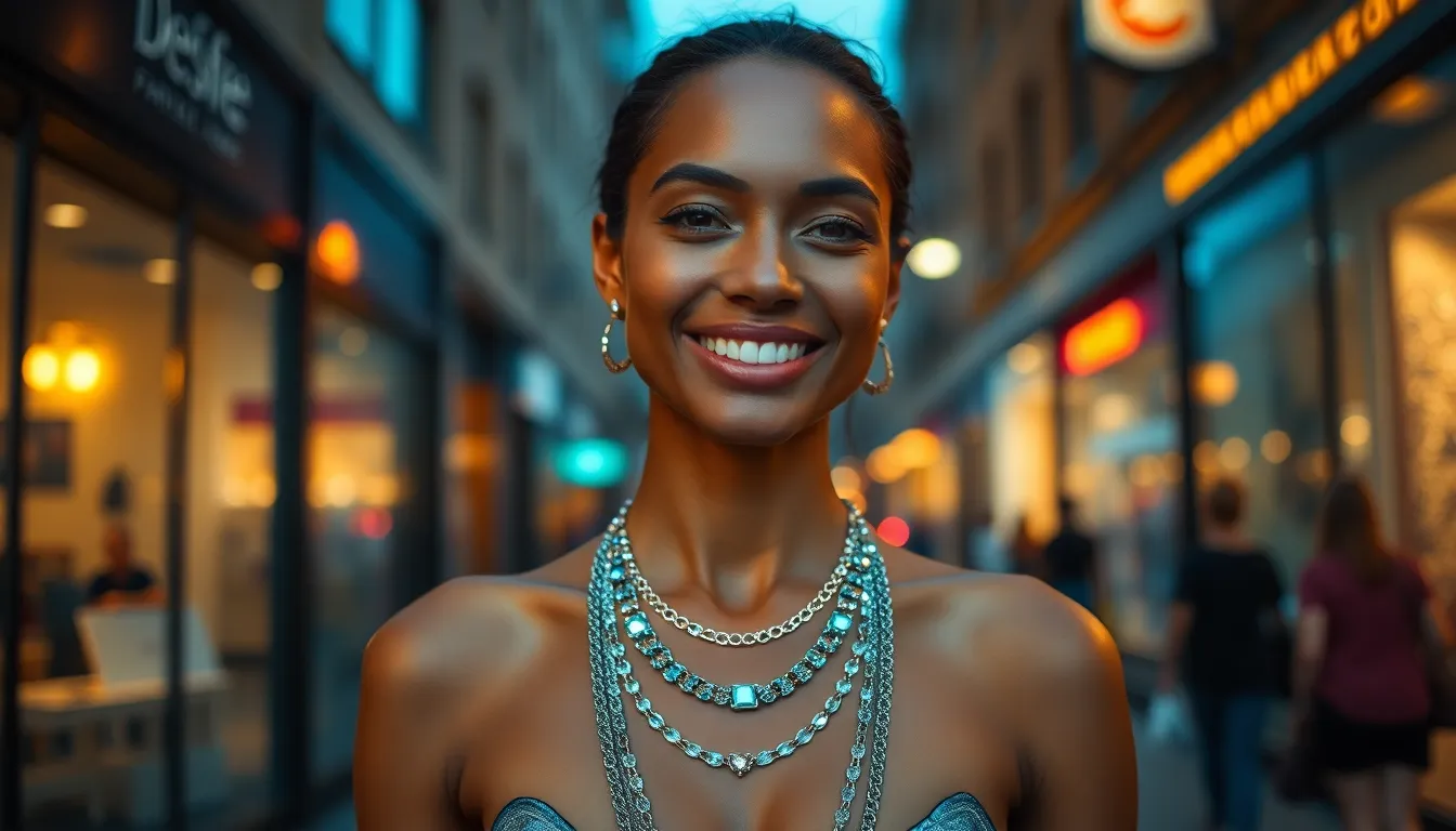 An urban scene capturing a fashionable model showcasing layered silver and gemstone necklaces against a vibrant evening city backdrop. The twilight ambiance, with soft street lighting, highlights the intricate jewelry details while creating a warm and inviting atmosphere. The model's confident pose and warm smile enhance the fashion-forward vibe, making it an ideal image for showcasing contemporary jewelry styles.