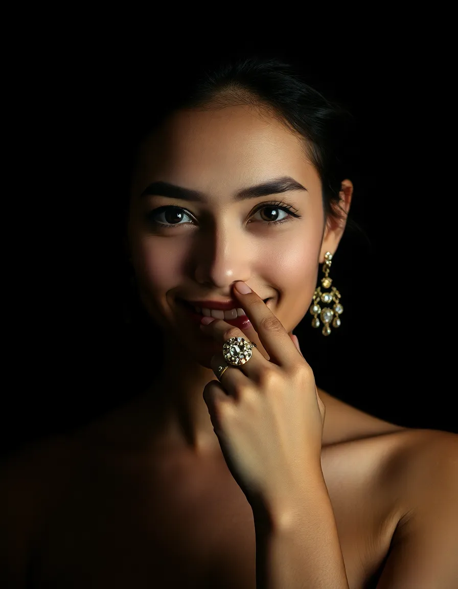 Model Showcasing Statement Ring in Dramatic Light This striking portrait presents a model showcasing a bold statement ring, illuminated by dramatic Rembrandt lighting that emphasizes her facial features. The dark velvet backdrop contrasts beautifully with her warm skin tones and the intricate details of the ring, drawing viewers into the composition. The model's confident expression and the controlled depth of field bring an artistic focus to the ring, making it the centerpiece. The overall mood of the image conveys sophistication and allure.
