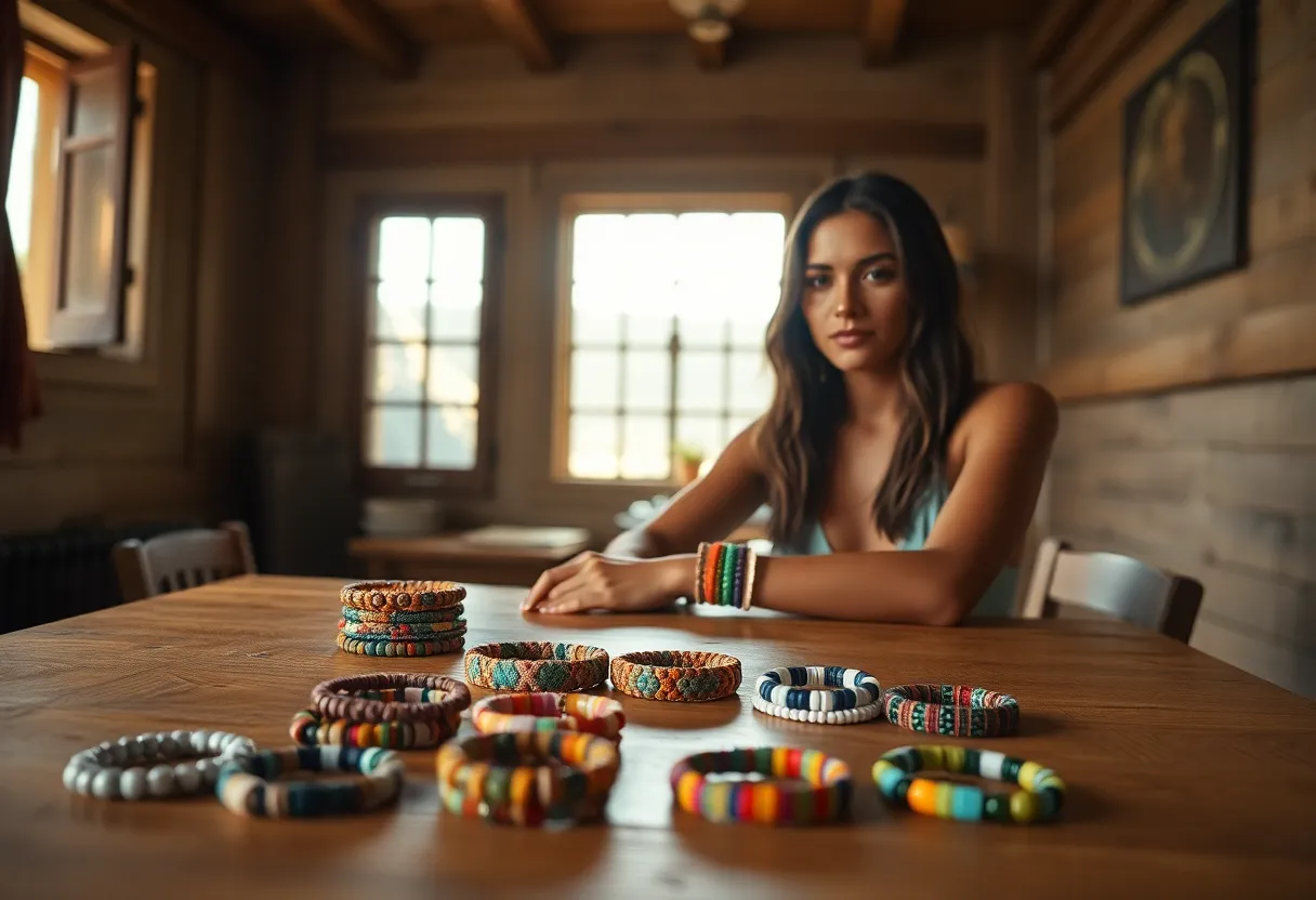 This inviting image features a model elegantly showcasing a collection of colorful handmade bracelets on a rustic wooden table. Soft natural light pours in from a nearby window, accentuating the details of each bracelet as well as the model's soft expression. The earthy tones and textures of the scene create a warm, artisan feel, perfect for capturing the beauty of handmade jewelry.