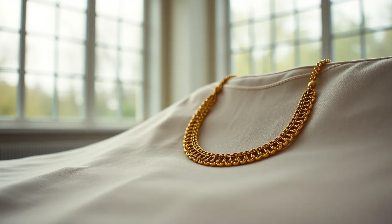 This image features a stunning gold necklace, elegantly draped against a soft linen backdrop. The overcast natural light creates a delicate atmosphere, enhancing the intricate details of the jewelry. The shallow depth of field beautifully blurs the background, allowing the piece to stand out with warm, inviting tones. Ideal for fashion or lifestyle branding.