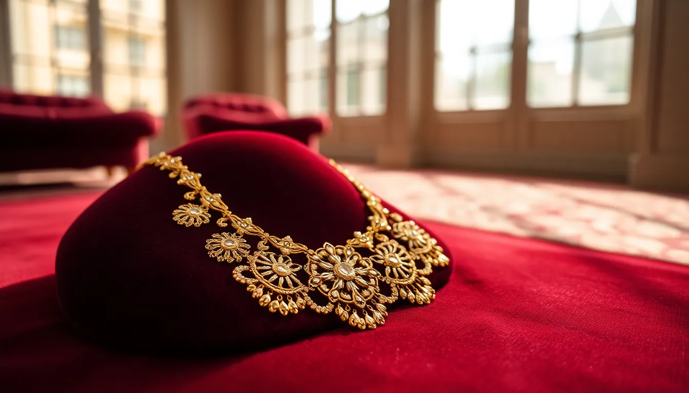 This high-end image showcases a stunning gold necklace, delicately arranged on a rich burgundy velvet surface. Soft daylight exudes warmth, enhancing the necklace's intricate patterns while a shallow depth of field creates a dreamy backdrop. The overall composition is thoughtfully designed to draw the viewer's eye towards the luxurious piece, making it suitable for fashion and jewelry marketing.