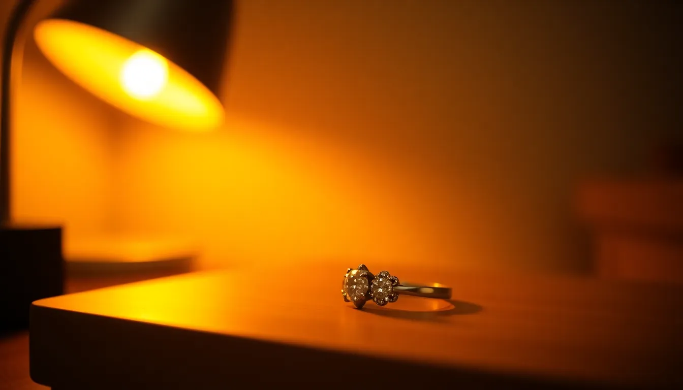 An exquisite diamond ring is elegantly positioned on a weathered oak table, capturing the essence of luxury and craftsmanship. The warm glow from a nearby tungsten lamp creates a soft, inviting light, accentuating the ring's facets. This shallow depth of field isolates the ring beautifully against the natural grain of the tabletop, while muted earth tones lend a sophisticated feel to the composition.