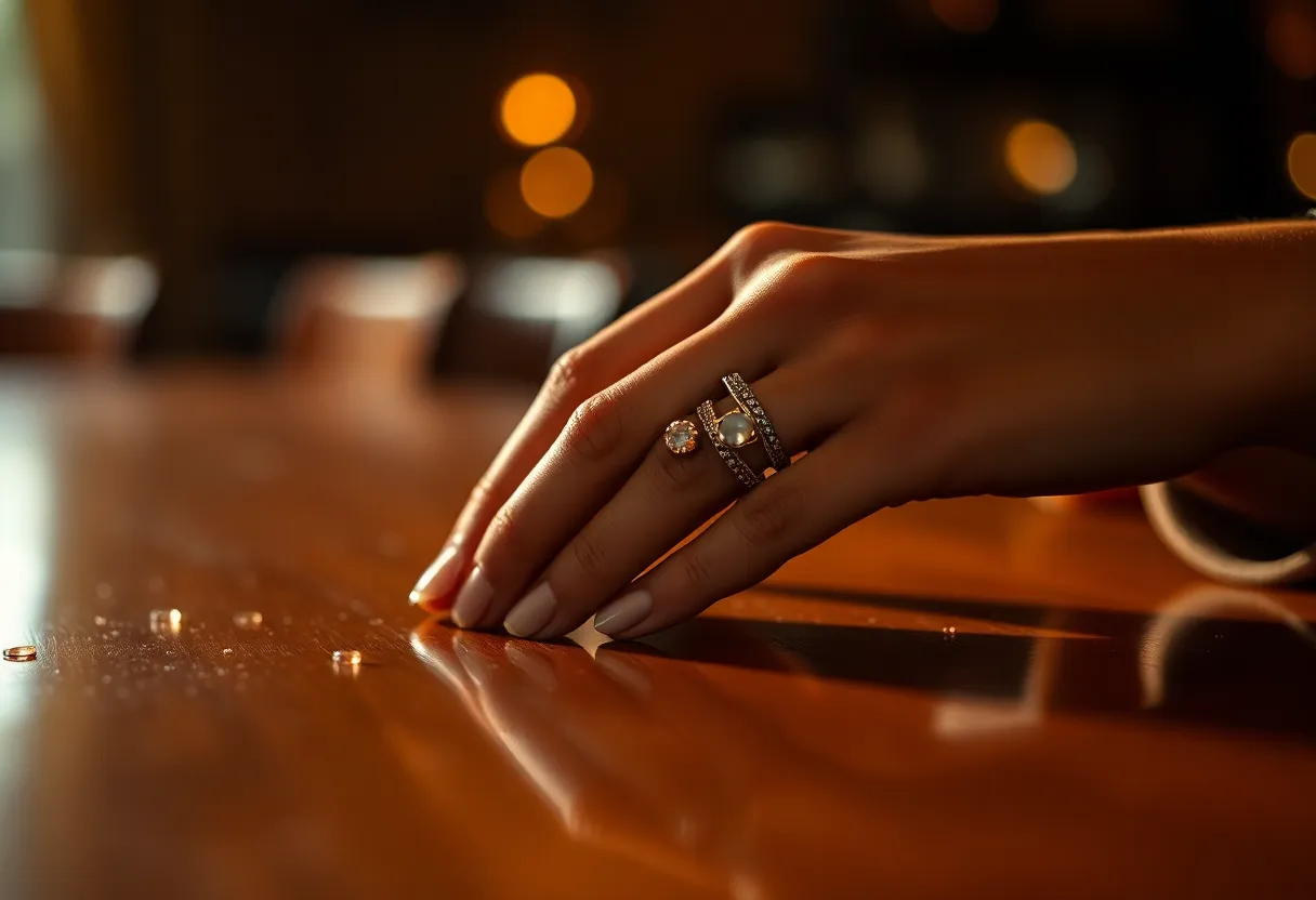 A close-up image focusing on a beautifully adorned hand showcasing multiple elegant rings, captured with exquisite detail on a polished wooden table. The warm tungsten lighting creates intimate pools of light that dance across the scene, emphasizing the rings' intricate designs and textures. The soft, rich color palette enhances the elegant mood, while the shallow depth of field draws attention to the rings against a blurred background. This captivating photography perfectly encapsulates luxurious adornment.