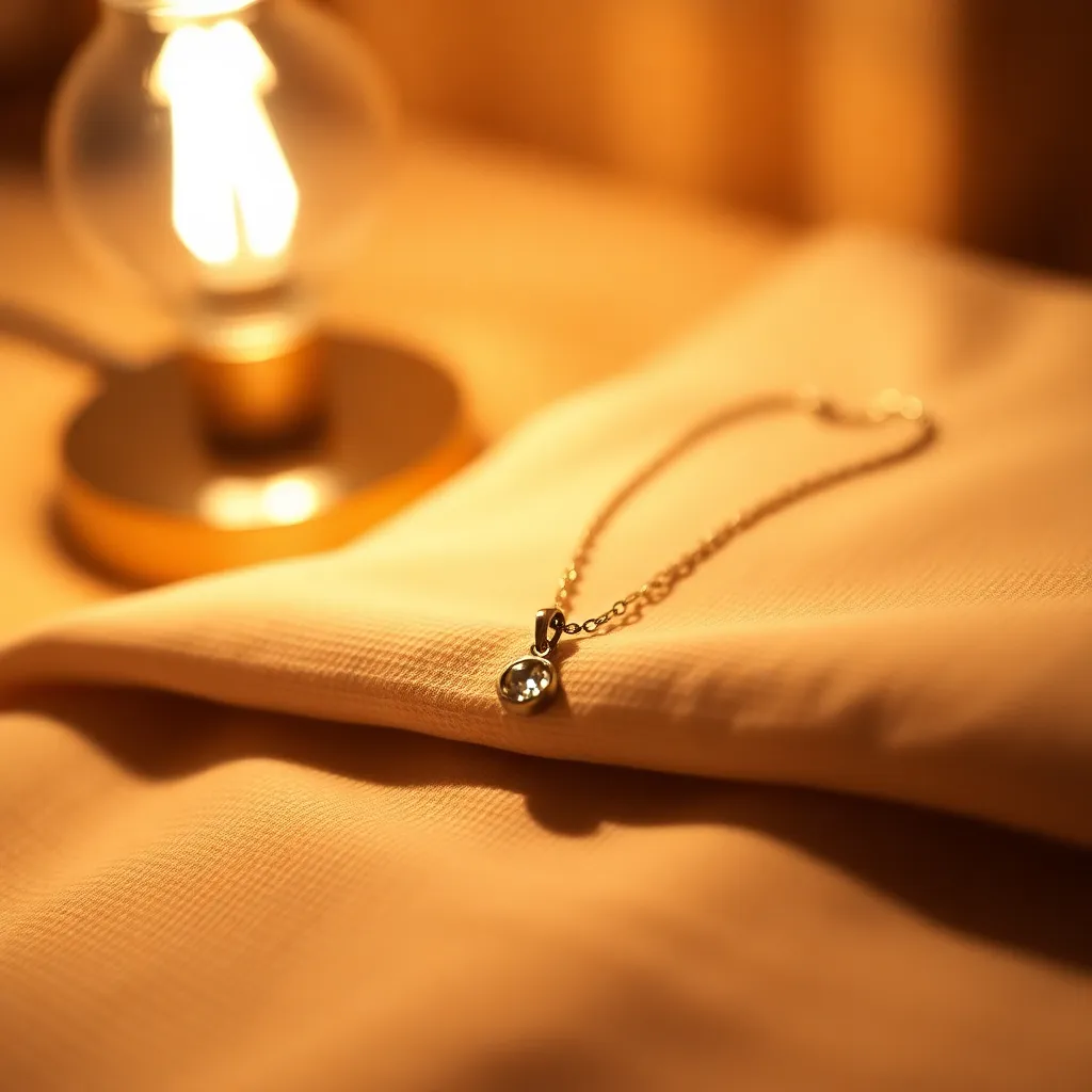 This intimate image captures a delicate silver necklace featuring a sparkling charm, elegantly laid on textured linen fabric. The warm illumination from a tungsten desk lamp creates a cozy ambiance, enhancing the necklace's glint and intricate details. With a shallow depth of field, the focus remains sharp on the jewelry while the fabric forms a pleasing backdrop. The use of Kodak Portra color grading adds warmth and depth, making it perfect for lifestyle and jewelry photography.