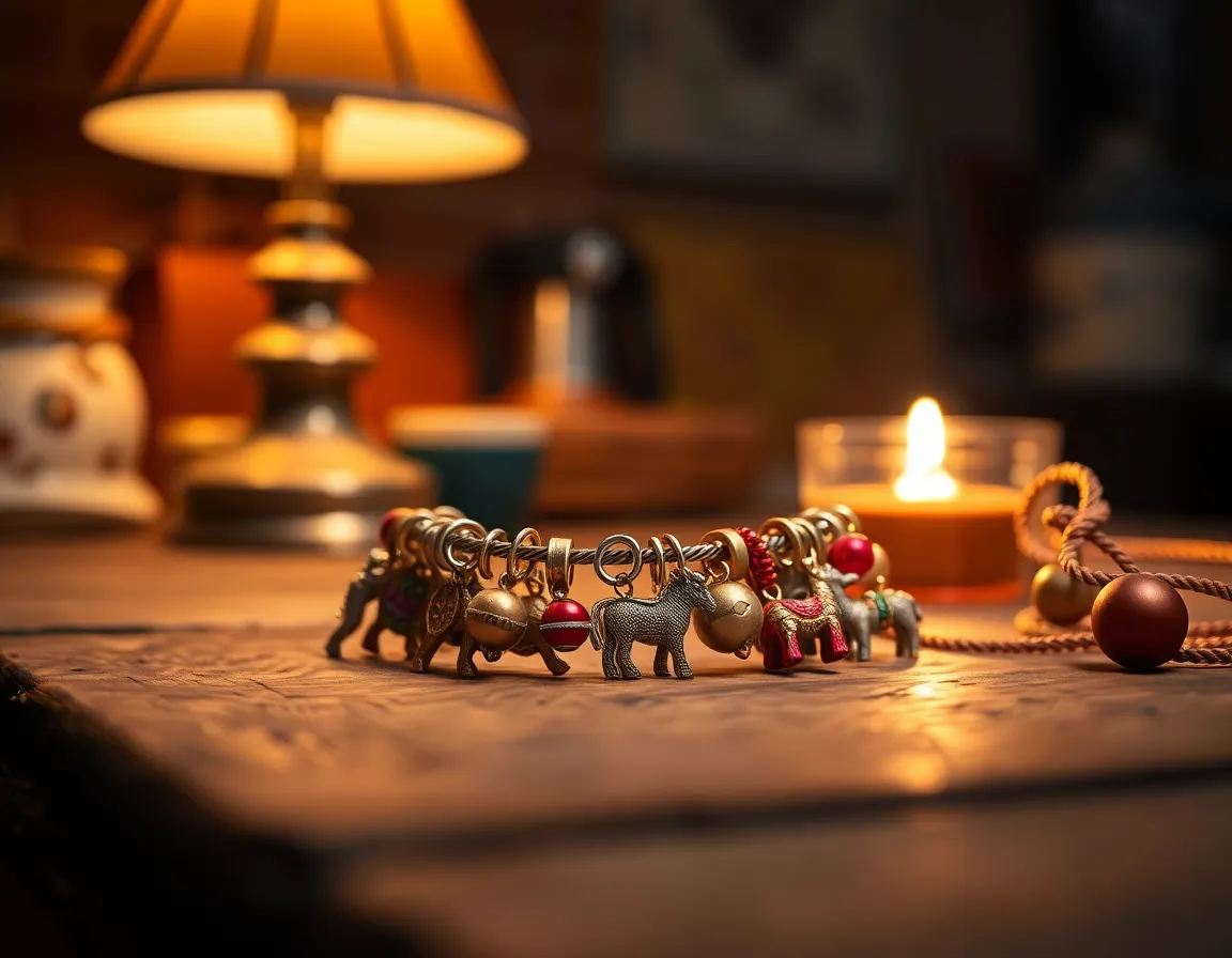This vibrant image showcases a charming bracelet adorned with an array of colorful charms on a rustic wooden table. The warm tungsten light creates a cozy atmosphere, enhancing the rich textures of the charms. With a shallow depth of field, the focus remains on the bracelet while the background softly blurs, drawing the viewer's attention to the intricate details. The warm color palette and foreground elements provide depth, making this image a delightful representation of playful jewelry design.