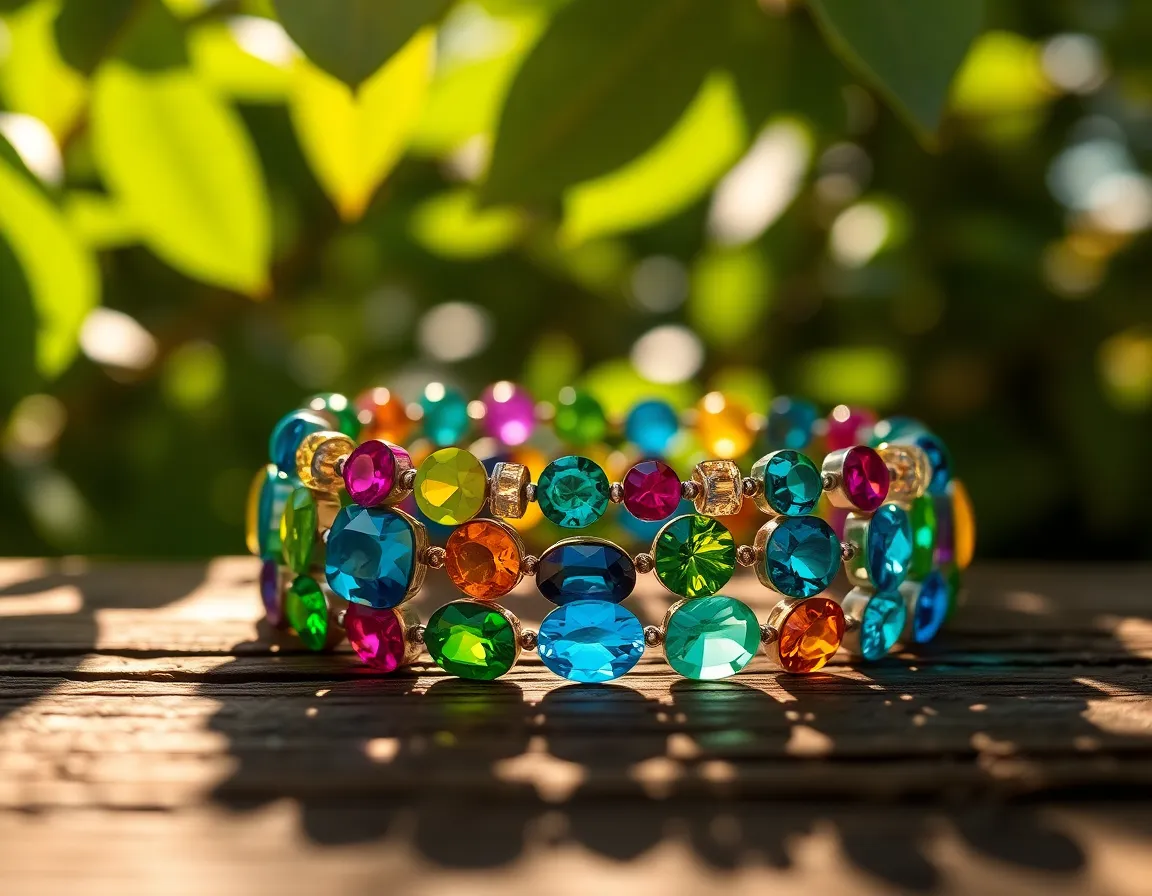 A vibrant bracelet crafted from an array of colorful gemstones rests beautifully on a rustic wooden background in this image. Natural dappled sunlight enhances the hues of the gemstones, creating a lively and inviting atmosphere. The macro perspective highlights intricate details while the shallow depth of field draws focus to the bracelet's beauty, making this image perfect for fashion and accessories showcases.