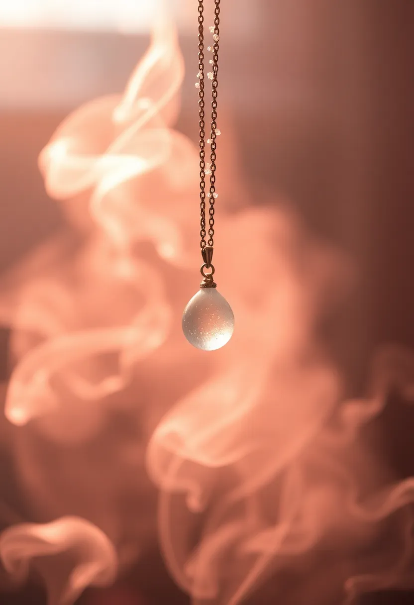 Delicate Pendant Surrounded by Ethereal Smoke This captivating image features a delicate pendant on a chain, elegantly suspended in mid-air and surrounded by soft, ethereal smoke. Diffused daylight streams in from the side, casting a gentle glow that enhances the whimsical mood of the scene. The rich textures of the pendant are brought to life with a shallow depth of field, creating a dreamy bokeh effect. The overall composition is centered, with the smoke gracefully framing the pendant, making it a perfect representation of luxury and delicacy.