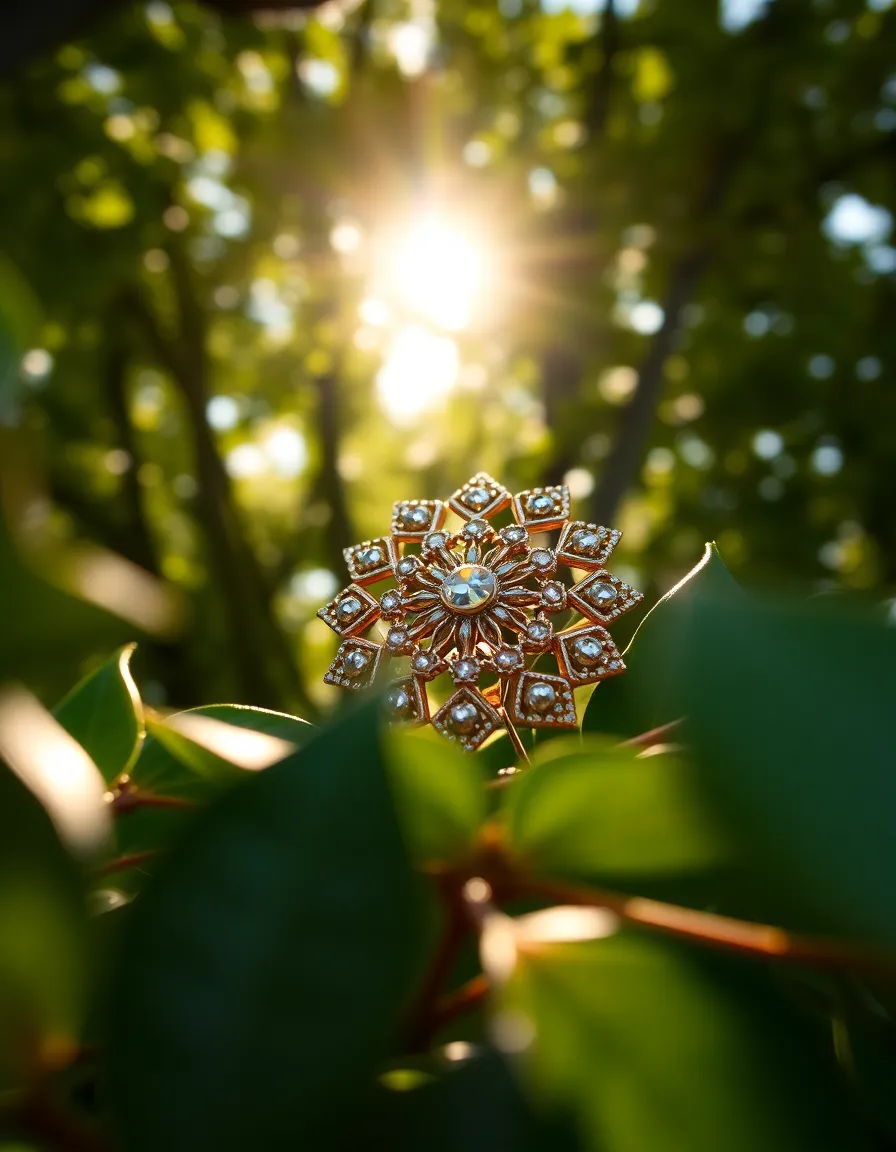 A stunning brooch made of intricate gold and colorful gemstones is elegantly displayed amidst lush green leaves, illuminated by dappled sunlight. The macro perspective allows for a close-up view of the brooch's fine details, while the surrounding foliage creates a natural frame. The vibrant colors are enhanced by the sunny environment, resulting in a whimsical and enchanting composition that feels both alive and luxurious.