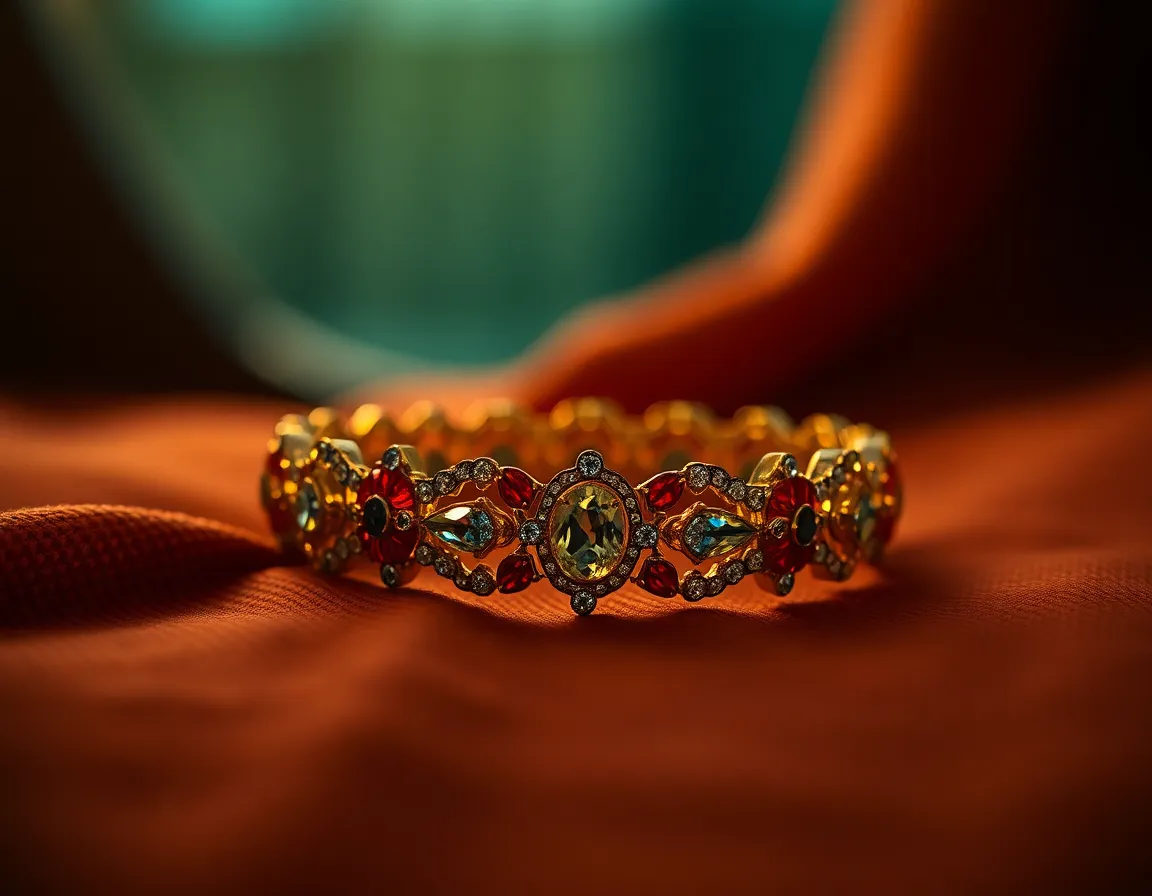 This macro image captures the beauty of an intricate bracelet adorned with sparkling gemstones, elegantly displayed on a richly textured fabric background. The warm golden glow from the tungsten lighting creates a luxurious atmosphere that enhances the bracelet's elegance. With shallow depth of field, the focus is sharp on the bracelet while the fabric softly blurs, creating a harmonious contrast. The cinematic teal and orange color grading adds a modern touch to this classic piece of jewelry.