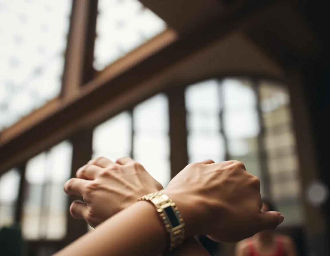 An elegant bracelet is displayed in the soft, diffused daylight streaming through large windows, creating an intimate and inviting atmosphere. The model's delicate hands gently showcase the bracelet, adorned with intricate detailing that draws the viewer closer. With a soft bokeh background, the muted earth tones create a calming aesthetic, allowing the jewelry to take center stage.